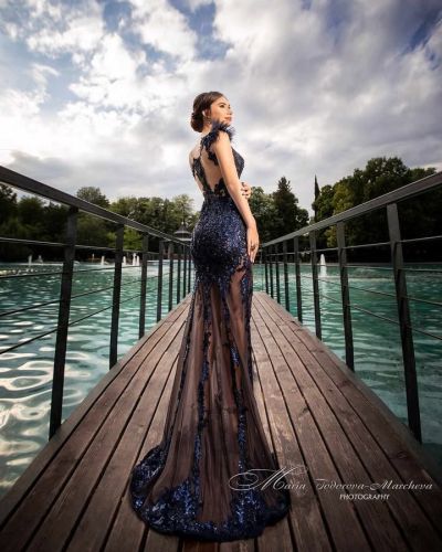 Изключителна тъмно синя бална рокля от тюл и дантела на ELIT Fashion ГСД, S/M