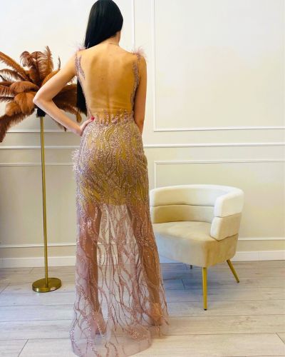 Дълга официална рокля в розово с пера, Hrisima Fashion, S