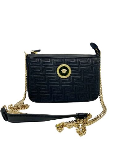 Луксозна черна чанта Versace от качествена кожа Greca
