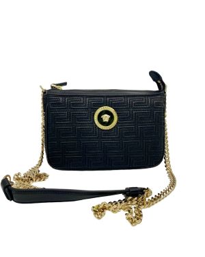 Луксозна черна чанта Versace от качествена кожа Greca